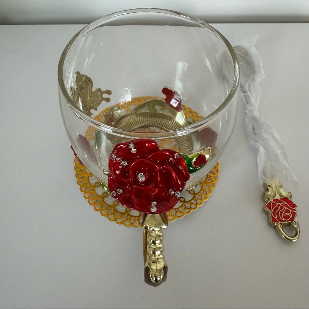 Rose and Butterly, Enamel, Glass Coffee/Tea Cup with Embellished Spoon